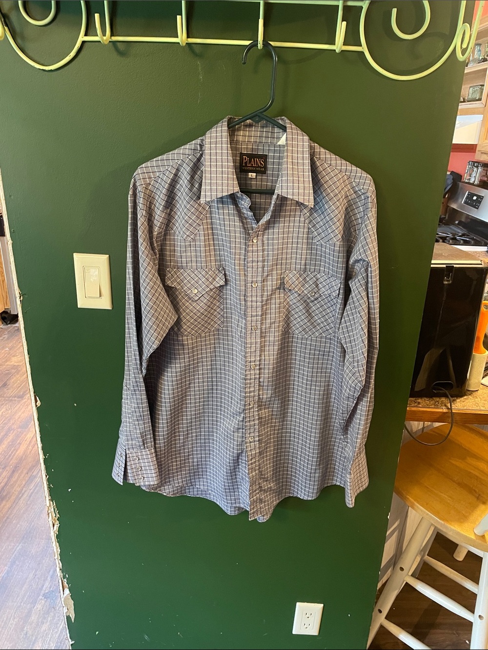 Plains Western Wear Pearl Snap Shirt Menβs Large Grey Geomectric Pattern Cowboy